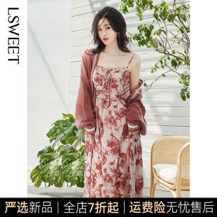 高级感红色玫瑰印花油画连衣裙女夏季法式高腰显瘦吊带长裙慵懒风