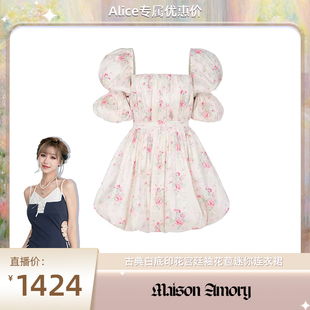 【Alice推荐】Maison Amory古典白底印花宫廷袖花苞迷你连衣裙