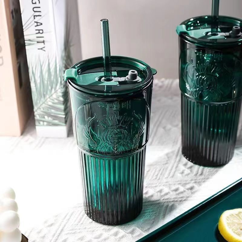 吸管杯墨绿色女神款夏季水杯大容量送礼咖啡玻璃杯酷似星巴克