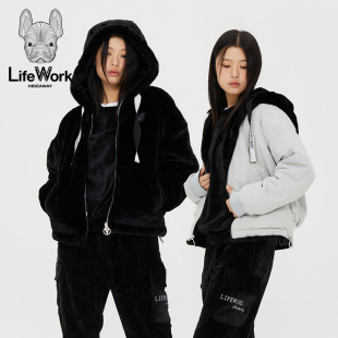 LifeWork2023年秋冬新款羊羔毛保暖外套反正面可穿韩版连帽女上衣