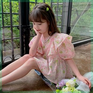 女童衬衫夏装新款韩版洋气碎花儿童短袖小女孩夏季泡泡袖半袖上衣