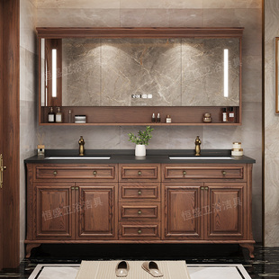 新客减美式红橡木岩板浴室柜组合卫生间洗漱台实木落地式智能双盆