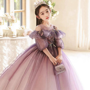 花童生日宴会公主裙紫色女童钢琴演出服蓬蓬纱儿童礼服走秀
