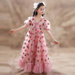 黑木马高定 亮片儿童礼服女童粉色草莓公主裙钢琴演出生日连衣裙
