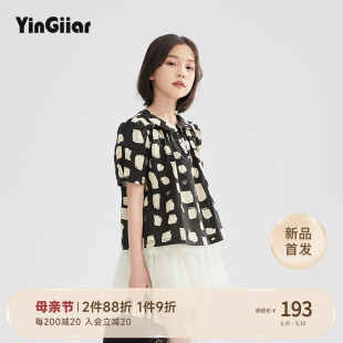 YinGiiar女童泡泡袖衬衫短袖2024夏季纯棉衬衣女大童气质洋气上衣