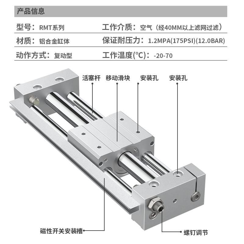 磁偶式RMT无杆气缸带导轨16/20/25/32/40*100X200/300/500/600-S