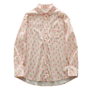 日本优衣春季新款小清新印花朵长袖衬衫女宽松百搭纯棉打底衬衣