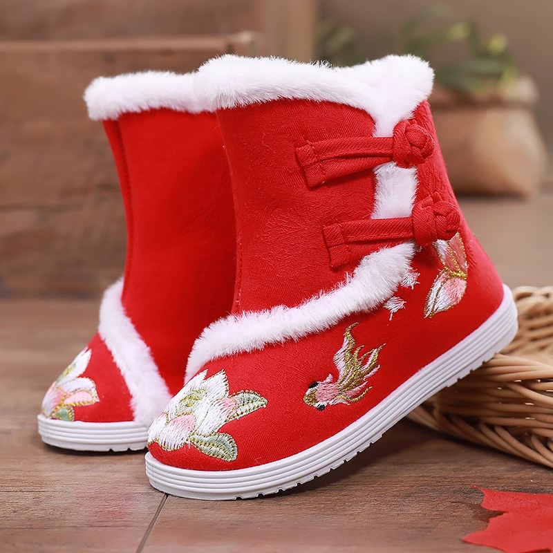 女童汉服靴子中国风古装儿童绣花鞋冬季红色刺绣棉靴加绒加厚靴子