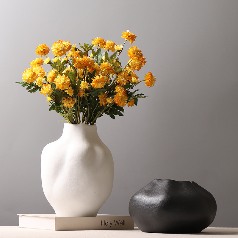 北欧简约陶瓷花瓶摆件 样板房客厅插花装饰品黄黑白色创意工艺品