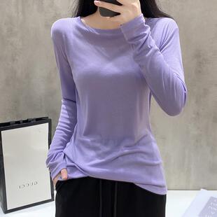 紫色长袖T恤2024春款女装新款圆领宽松显瘦气质打底衫设计感上衣