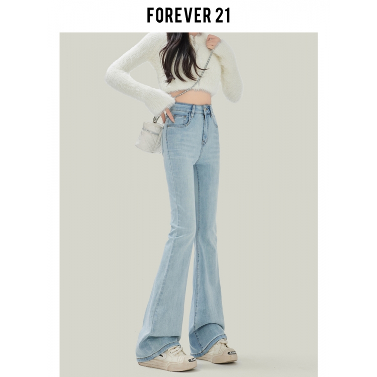 Forever 21浅蓝微喇叭牛仔裤女2024春季新款小个子高腰修身马蹄裤