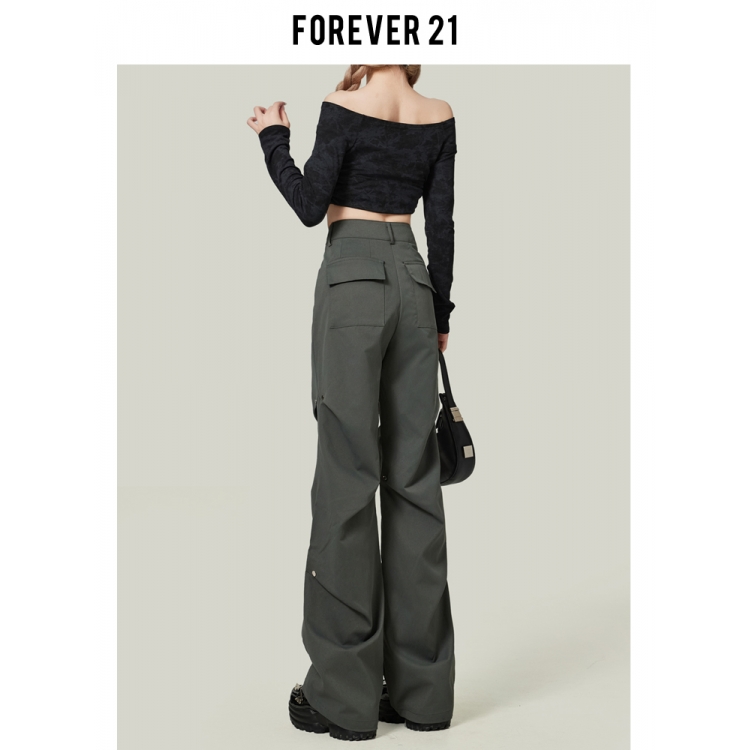 Forever 21灰色铆钉工装休闲裤女美式高腰设计感褶皱阔腿拖地裤子