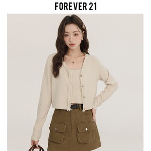 Forever 21法式甜美吊带开衫两件套女装毛边短款上衣针织长袖外套