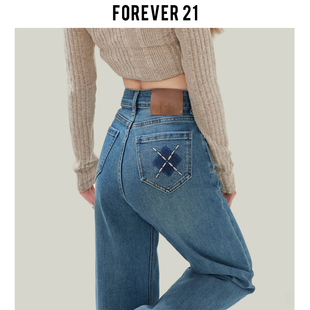 Forever 21复古蓝高腰宽松直筒牛仔裤女年早春小个子窄版阔腿裤子