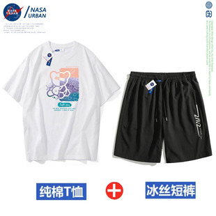 NASA URBAN联名款跑步运动男女纯棉短袖t恤冰丝短裤套装夏季情侣L