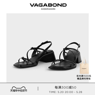 Vagabond INES女士黑色牛皮粗跟绑带露趾凉鞋高跟鞋2024春夏新品