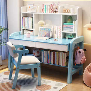 实木书桌书架一体儿童学习桌简约家用初中小学生卧室可升降写字桌