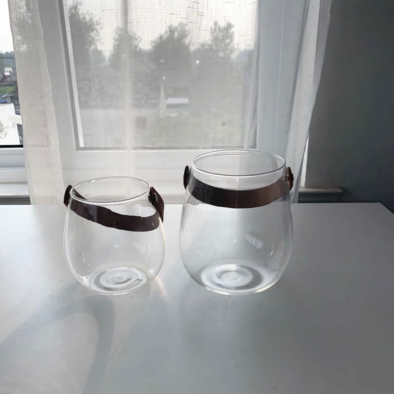 北欧创意皮革手提玻璃花瓶水培植物花器 玻璃杯干花工艺创意家居