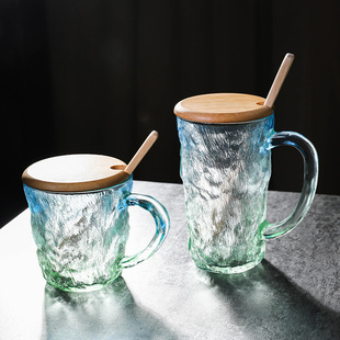 现货速发冰川纹玻璃杯带盖勺把手高颜值高级感宿舍喝水杯子家用茶