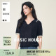 Basic House/百家好天丝翻领撞色短袖针织衫夏季高级纯色短款上衣