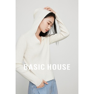 Basic House/百家好春绵羊毛连帽针织衫女春季修身显瘦短款上衣女