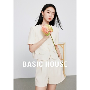 Basic House/百家好纯色薄款小香风短外套高级感小个子短袖西装夏