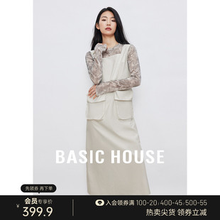 Basic House/百家好工装复古连衣裙女2024春季双口袋无袖长裙