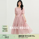 Basic House/百家好淡人风优雅泡泡袖拼接设计夏季新款圆领连衣裙