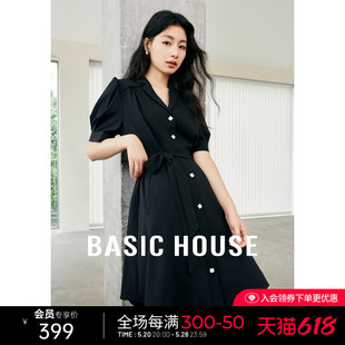 Basic House/百家好气质西装翻领连衣裙夏新款收腰泡泡短袖小黑裙