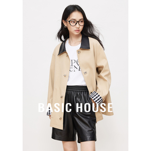 Basic House/百家好2024早春新款风衣女翻领撞色小个子中长款外套