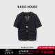 Basic House/百家好纯色休闲外套夏季新款设计感圆领短袖开衫上衣