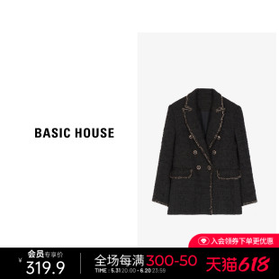 Basic House/百家好黑色百搭设计感毛呢西装双排扣长袖气质感外套