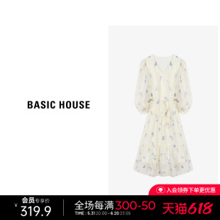 Basic House/百家好休闲印花长裙女春夏新款宽松气质感长袖连衣裙