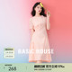 Basic House/百家好不规则拼接格子连衣裙夏新款圆领短袖中长裙子
