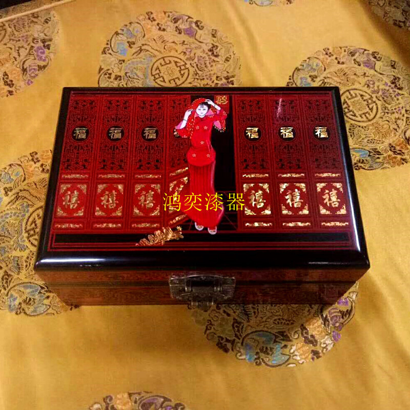 推光漆器首饰盒木质手工彩绘工艺礼品收纳盒红绒布内衬首饰包装盒
