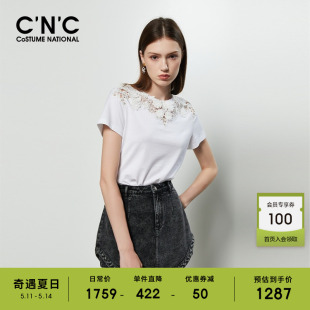 CNC女装白色短袖T恤女2024夏季新款重工不规则蕾丝拼接洋气小衫