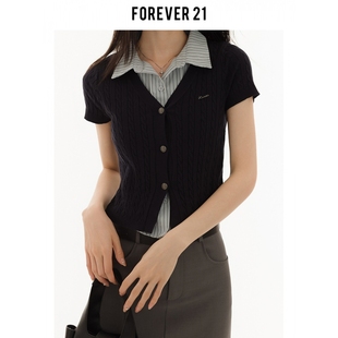 Forever 21假两件polo领短袖衬衫女夏美式藏蓝开衫条纹正肩短上衣