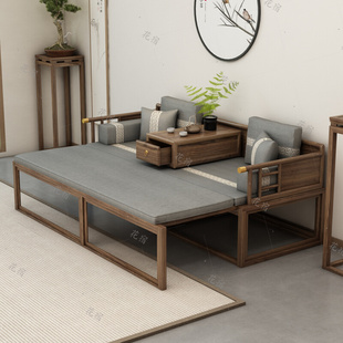 新品新中式罗汉床茶桌椅组合实木高端沙发贵妃榻老榆木推拉床塌小