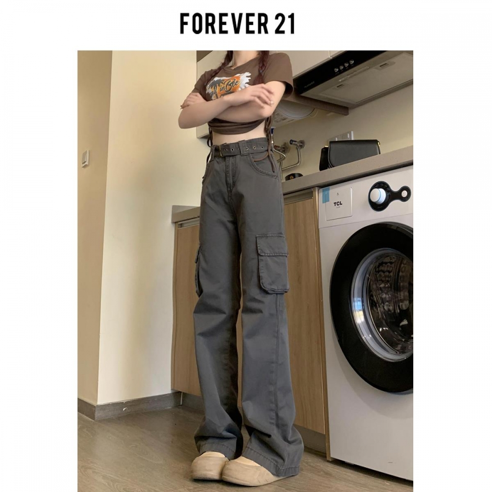 FOREVER 21高腰美式工装牛仔裤女2023年秋新小个子休闲窄版直筒裤