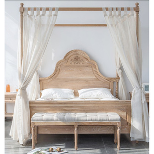 法式复古白橡木双人大床架子床美式乡村实木做旧雕花四柱床主卧床