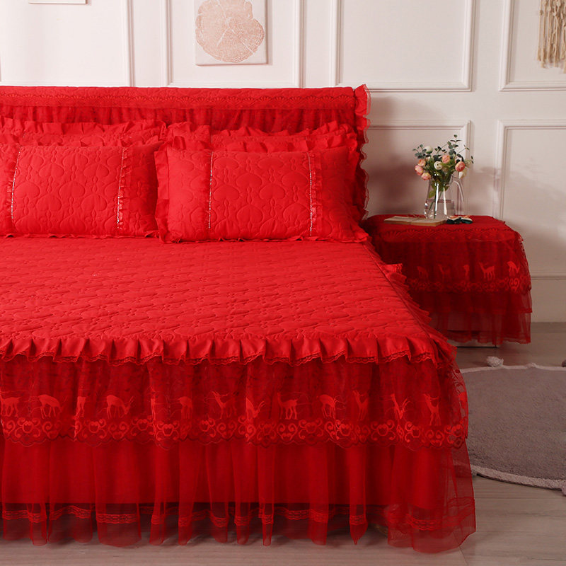 韩版公主床裙结婚庆大红色加厚夹棉单件蕾丝纯色床罩床套单三件套