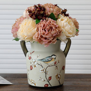 美式餐桌装饰花瓶欧式复古双耳花瓶花艺新中式茶几陶瓷花瓶摆件