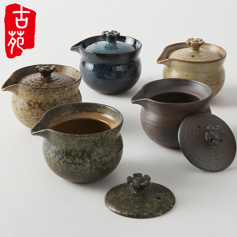 古苑粗陶盖碗复古陶瓷中式日式手抓壶泡茶器紫砂茶具茶杯套装梅影