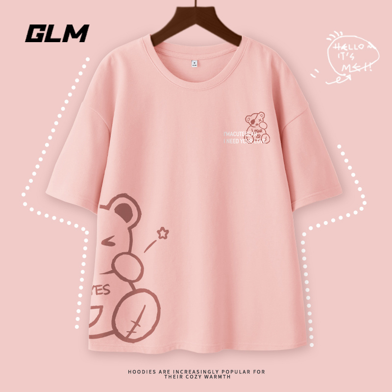 GLM纯棉短袖t恤女2024春夏新款韩版宽松大码减龄简约百搭上衣夏季