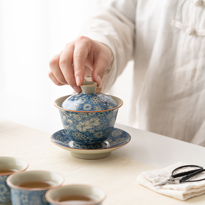 敦铭堂 青花三才盖碗茶杯老陶泥功夫茶具单个高档家用陶瓷泡茶碗