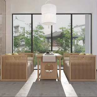 新中式茶楼卡座桌实木沙发组合禅意餐厅酒店包厢接待洽谈家具高端
