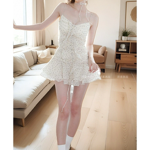 设计师初春吊带连衣裙小个子短款波点短裙T白色气质纱裙.