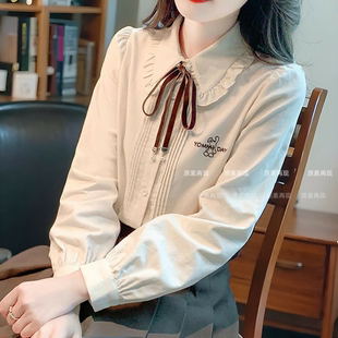 娃娃领长袖衬衫少女春秋装2024新款初中高中学生甜美日系衬衣服.