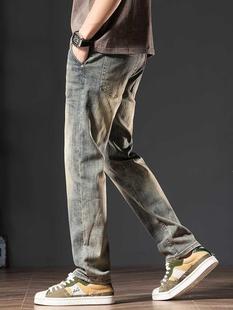 美式高街牛仔裤男款秋季复古水洗做旧小众黄泥染长裤弹力直筒裤子
