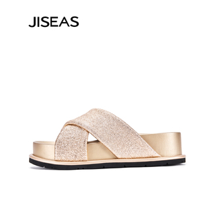 JISEAS厚底凉拖2024新款夏季外穿真皮防滑金色沙滩高级感女式拖鞋